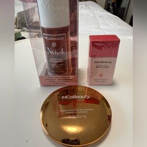 Mcobeauty makeup and fragrance bundle- blush  drops, translucent powder, #4 mist